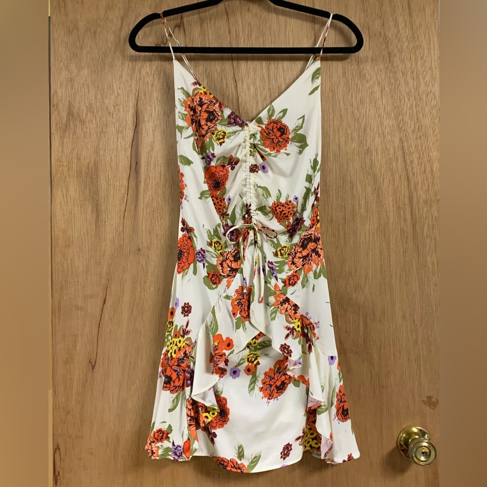 FREE PEOPLE Ivory Floral Silky DRESS! Ruched Ruffles Smocked Spaghetti Strap NWT